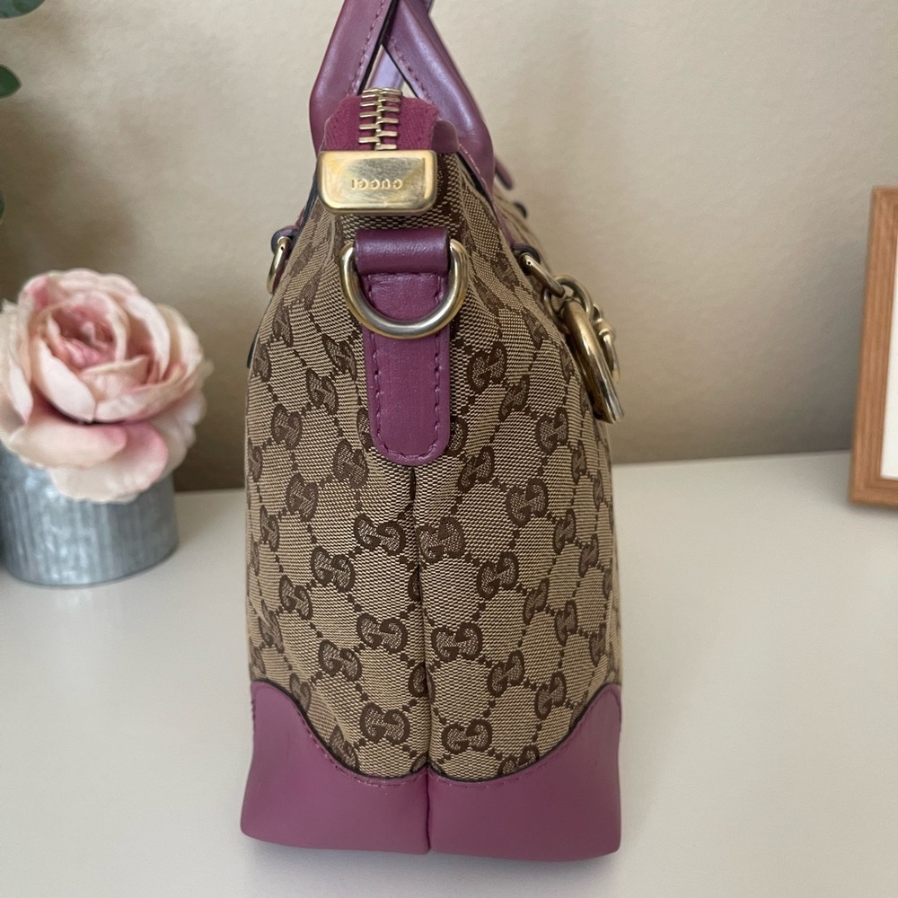 Gucci Heart Bit Charm Brown Canvas Pink Rose Leather Trim Tote - Picture 7 of 16